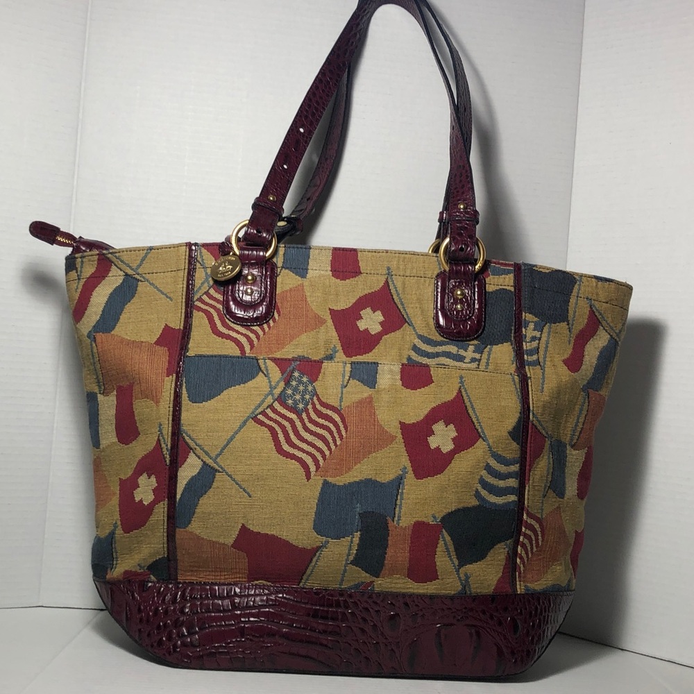 BRAHMIN Large Flag Tapestry Fabric/ Maroon Croc Embossed Leather Tote Bag